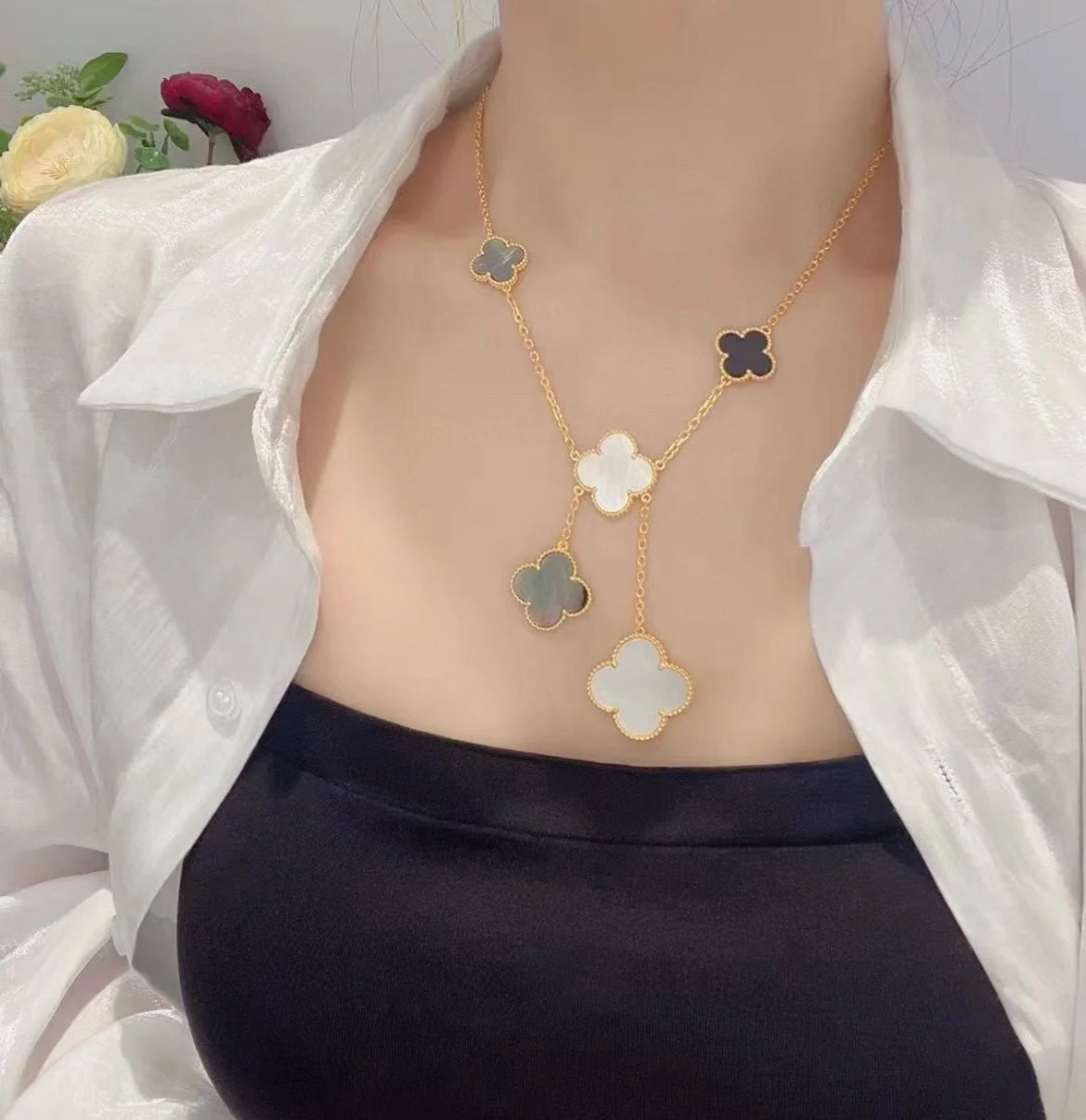 ⭐Miroze CLOVER 6 MOTIF MOP ONYX GOLD NECKLACE