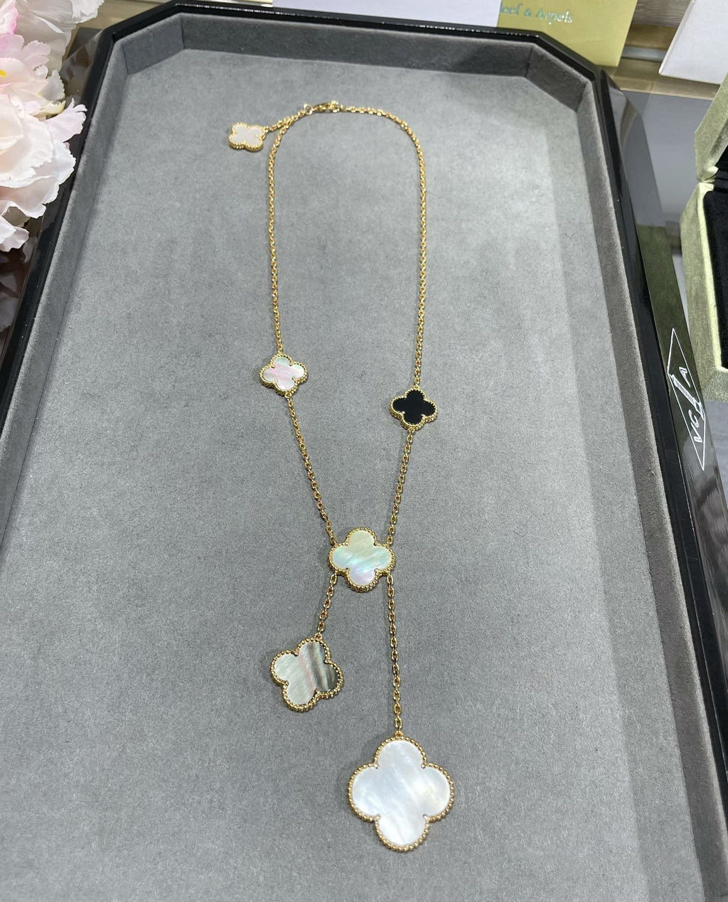 ⭐Miroze CLOVER 6 MOTIF MOP ONYX GOLD NECKLACE