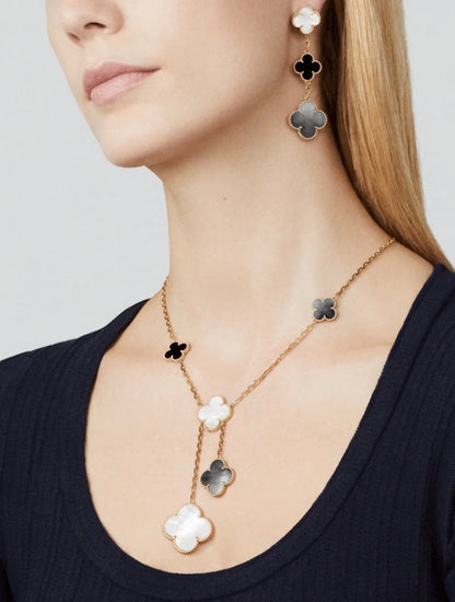 [⭐Miroze]CLOVER 3 MOTIF MOP ONYX DARK MOP PINK GOLD EARRINGS