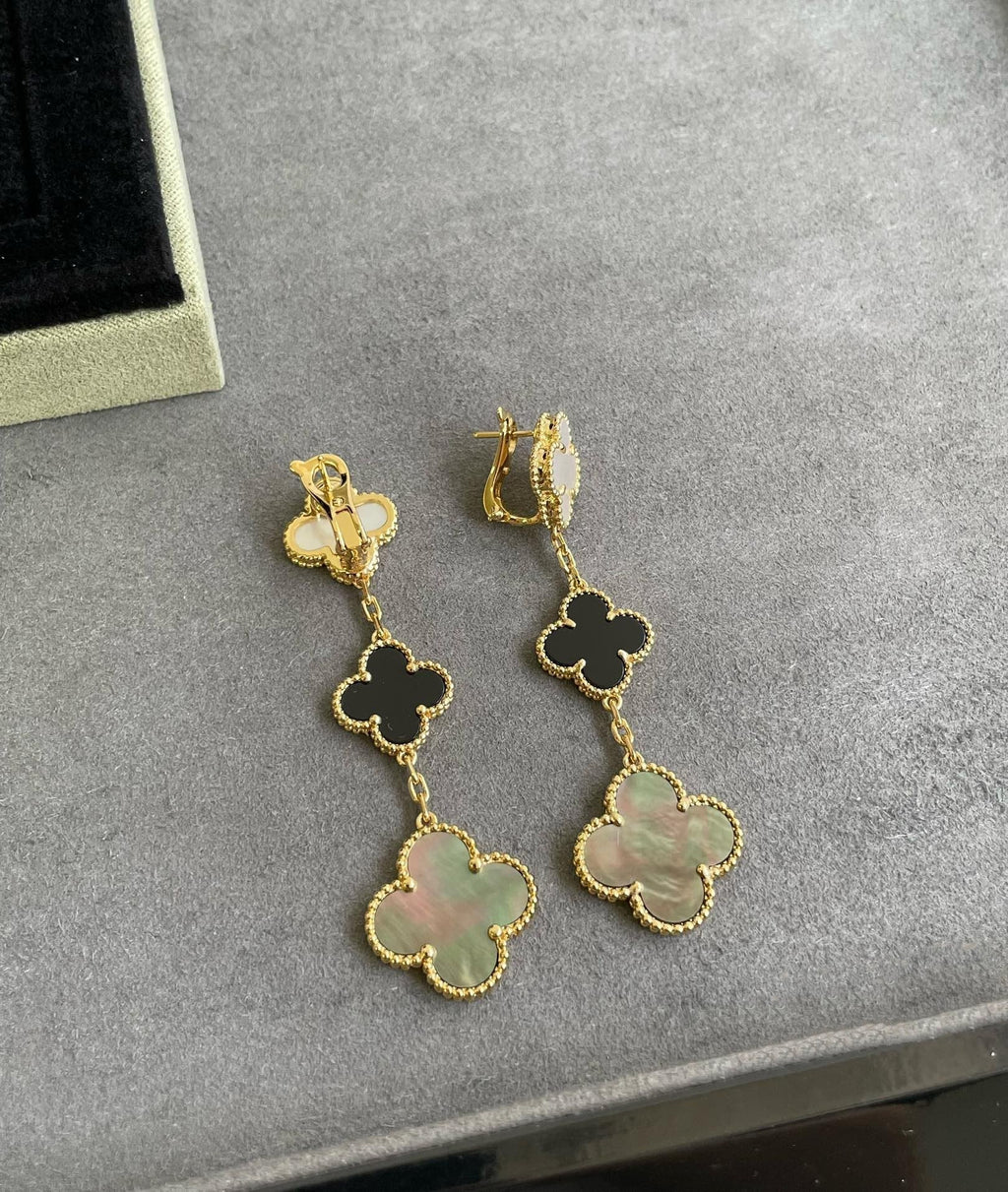 ⭐Miroze CLOVER 3 MOTIF MOP ONYX DARK MOP PINK GOLD EARRINGS