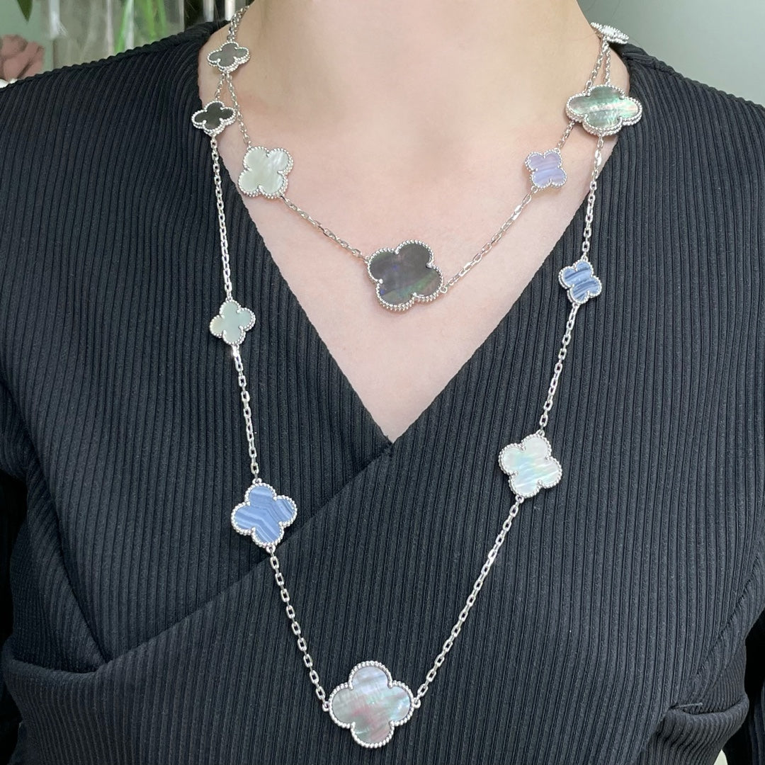 [⭐Miroze]CLOVER 16 MOTIF CHALCEDONY MOP SILVER NECKLACE