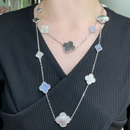 [⭐Miroze]CLOVER 16 MOTIF CHALCEDONY MOP SILVER NECKLACE