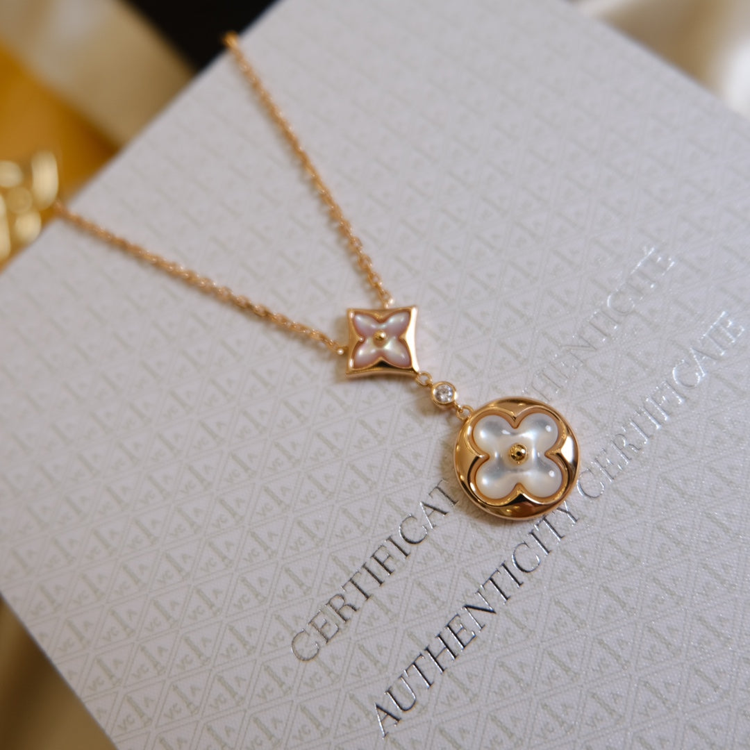 [⭐Miroze]STAR AND SUN WHITE MOP 2 MOTIF PINK GOLD NECKLACE