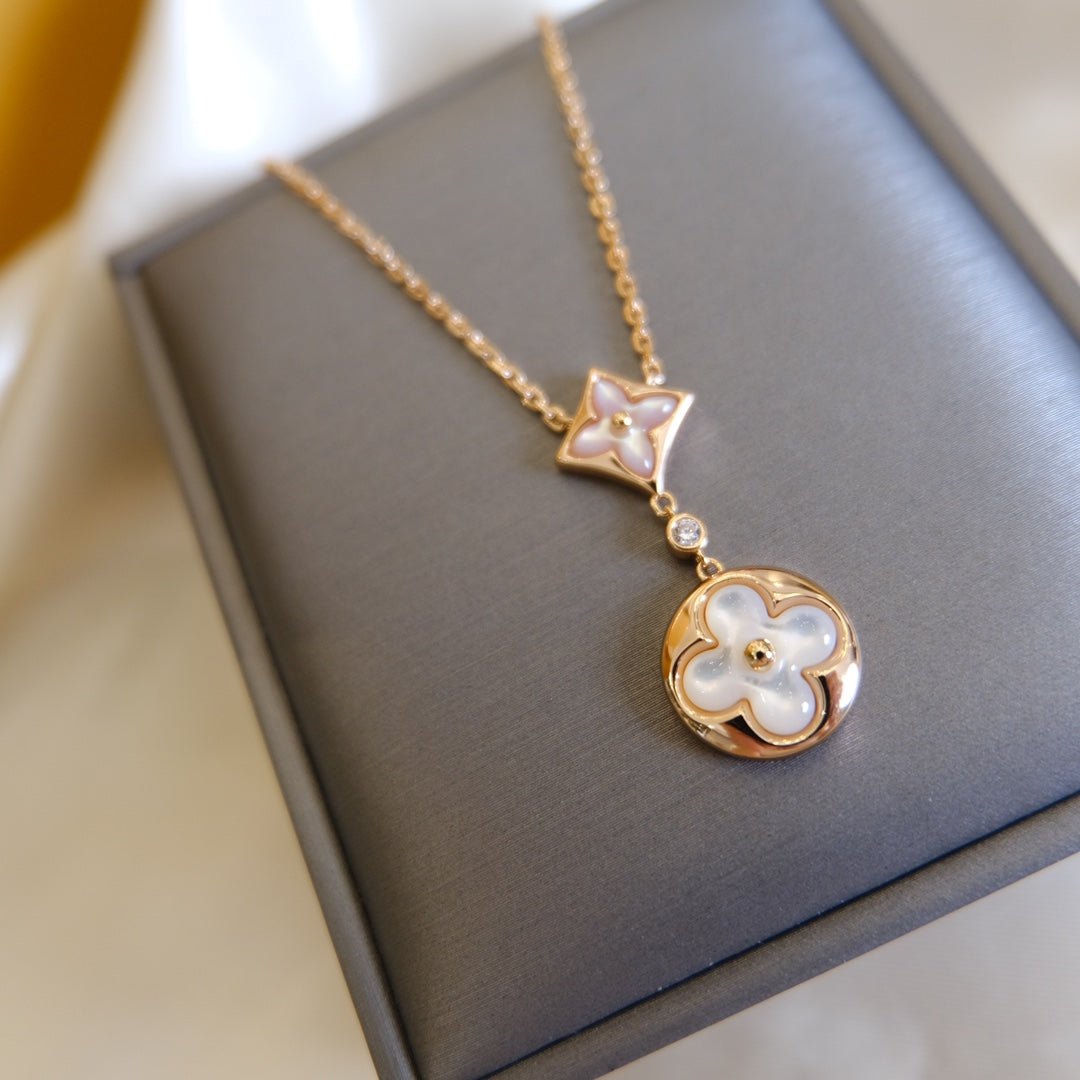 [⭐Miroze]STAR AND SUN WHITE MOP 2 MOTIF PINK GOLD NECKLACE