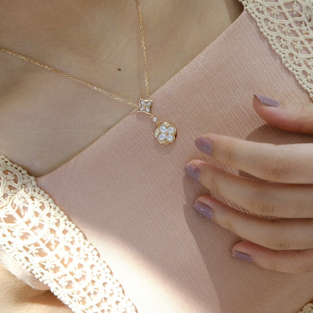 [⭐Miroze]STAR AND SUN WHITE MOP 2 MOTIF PINK GOLD NECKLACE
