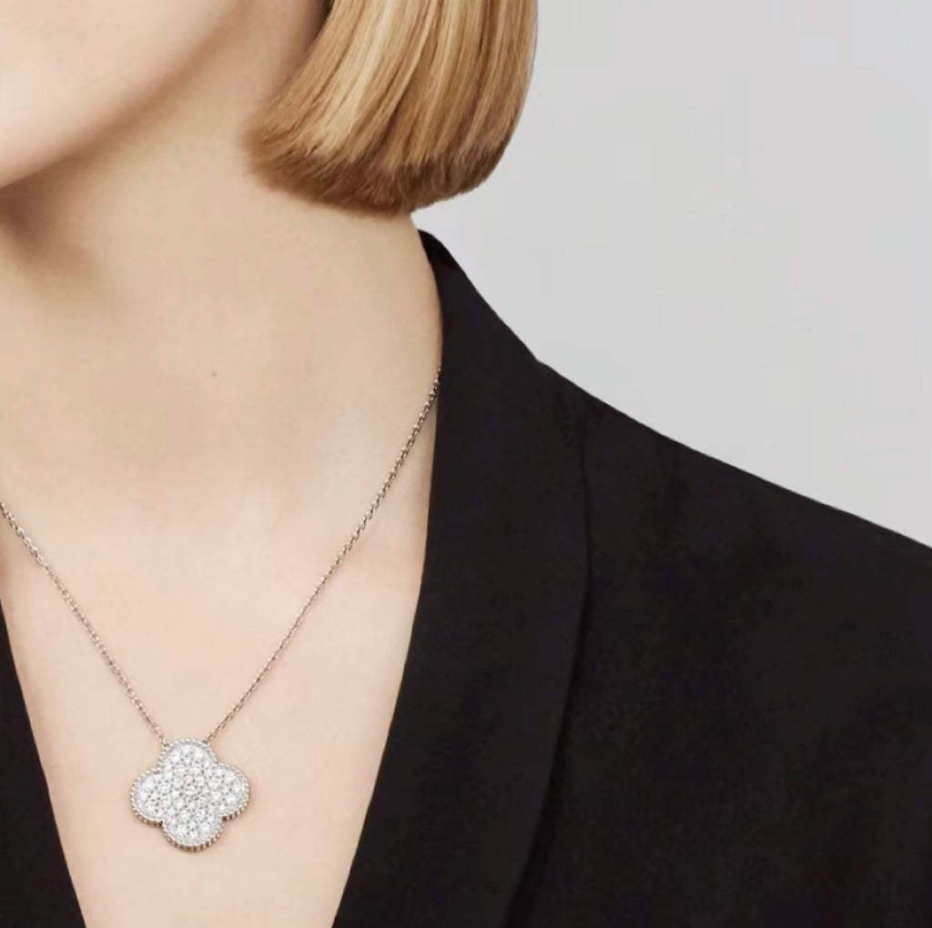 ⭐Miroze CLOVER 25MM LARGE PENDANT DIAMOND PAVED SILVER NECKLACE