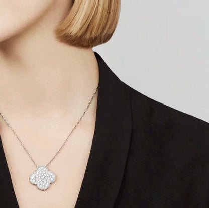 [⭐Miroze]CLOVER 25MM LARGE PENDANT DIAMOND PAVED SILVER NECKLACE