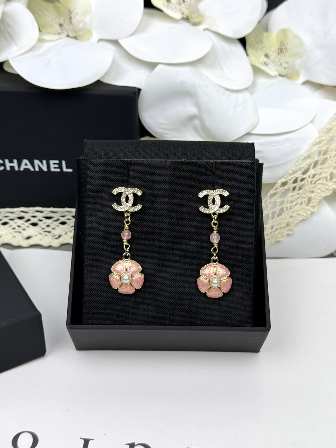[⭐Miroze]26C Pink Camellia Enamel Pendant with Double C Earrings