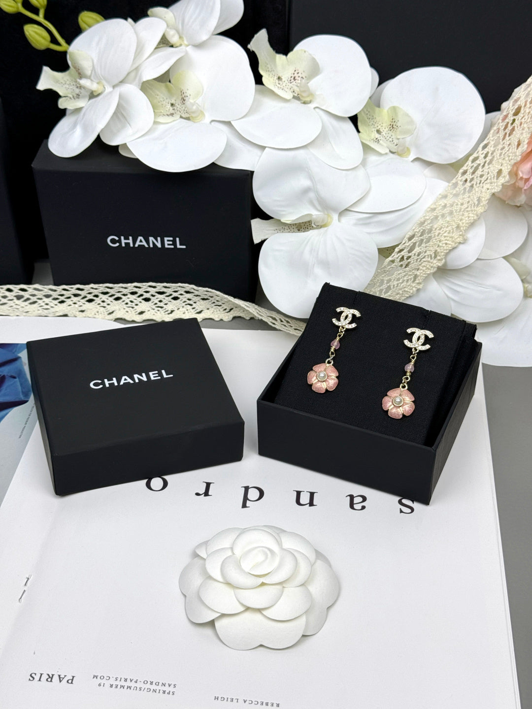 [⭐Miroze]26C Pink Camellia Enamel Pendant with Double C Earrings