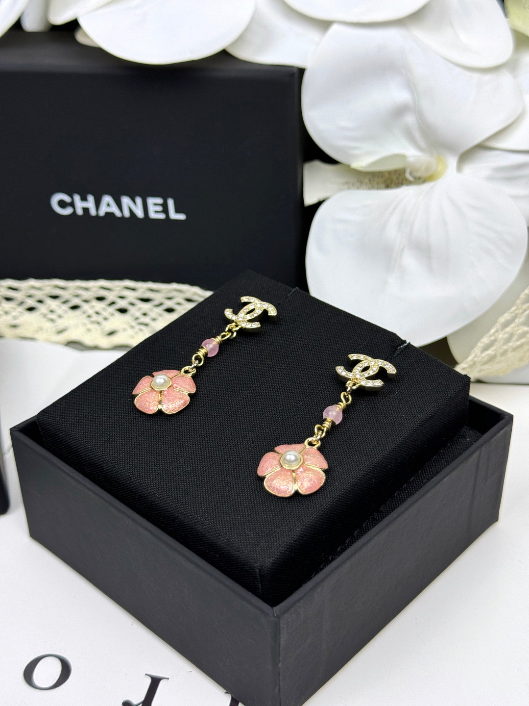 [⭐Miroze]26C Pink Camellia Enamel Pendant with Double C Earrings
