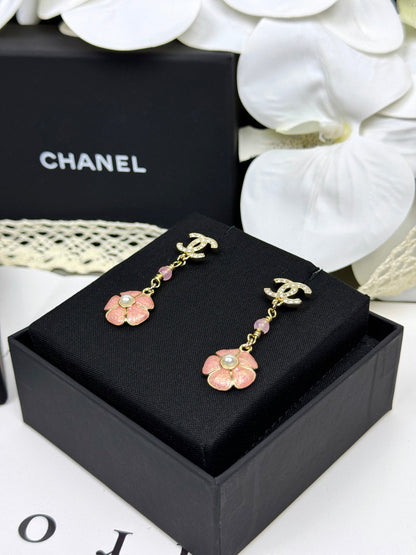 [⭐Miroze]26C Pink Camellia Enamel Pendant with Double C Earrings