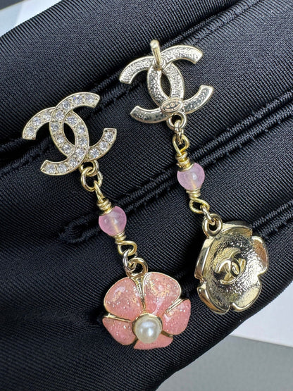 [⭐Miroze]26C Pink Camellia Enamel Pendant with Double C Earrings