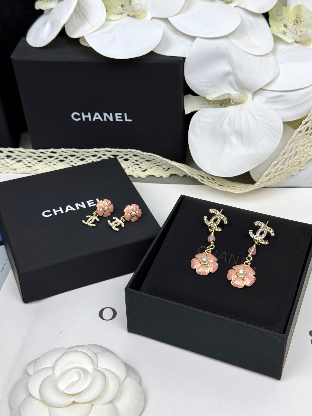 [⭐Miroze]26C Pink Camellia Enamel Pendant with Double C Earrings