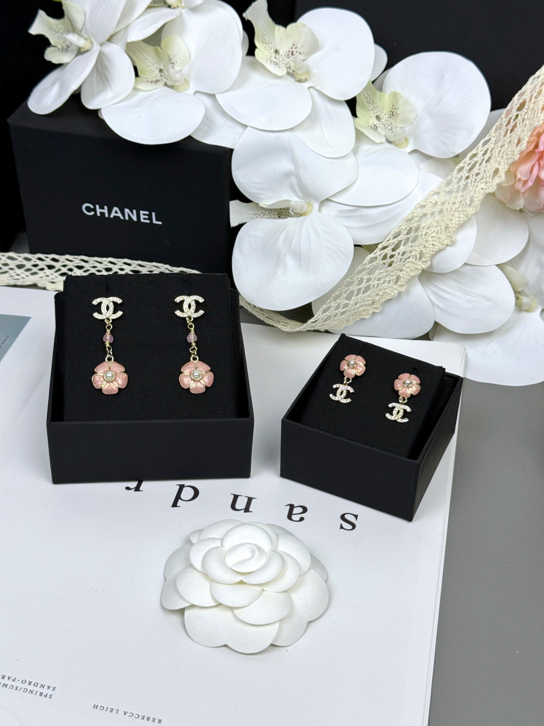 [⭐Miroze]26C Pink Camellia Enamel Pendant with Double C Earrings