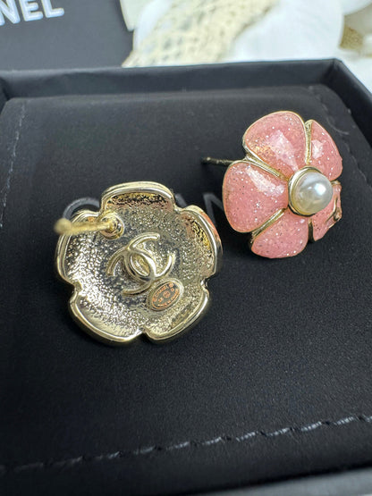 [⭐Miroze]26C Pink Camellia Pearl Enamel Stud Earrings