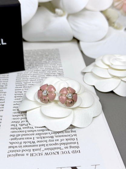 [⭐Miroze]26C Pink Camellia Pearl Enamel Stud Earrings