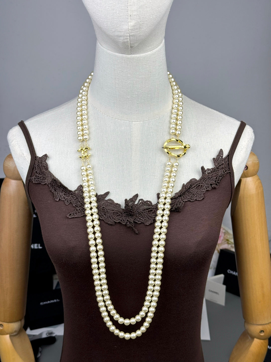 [⭐Miroze]25K Pencil Double C Double-Layer Pearl Sweater Chain