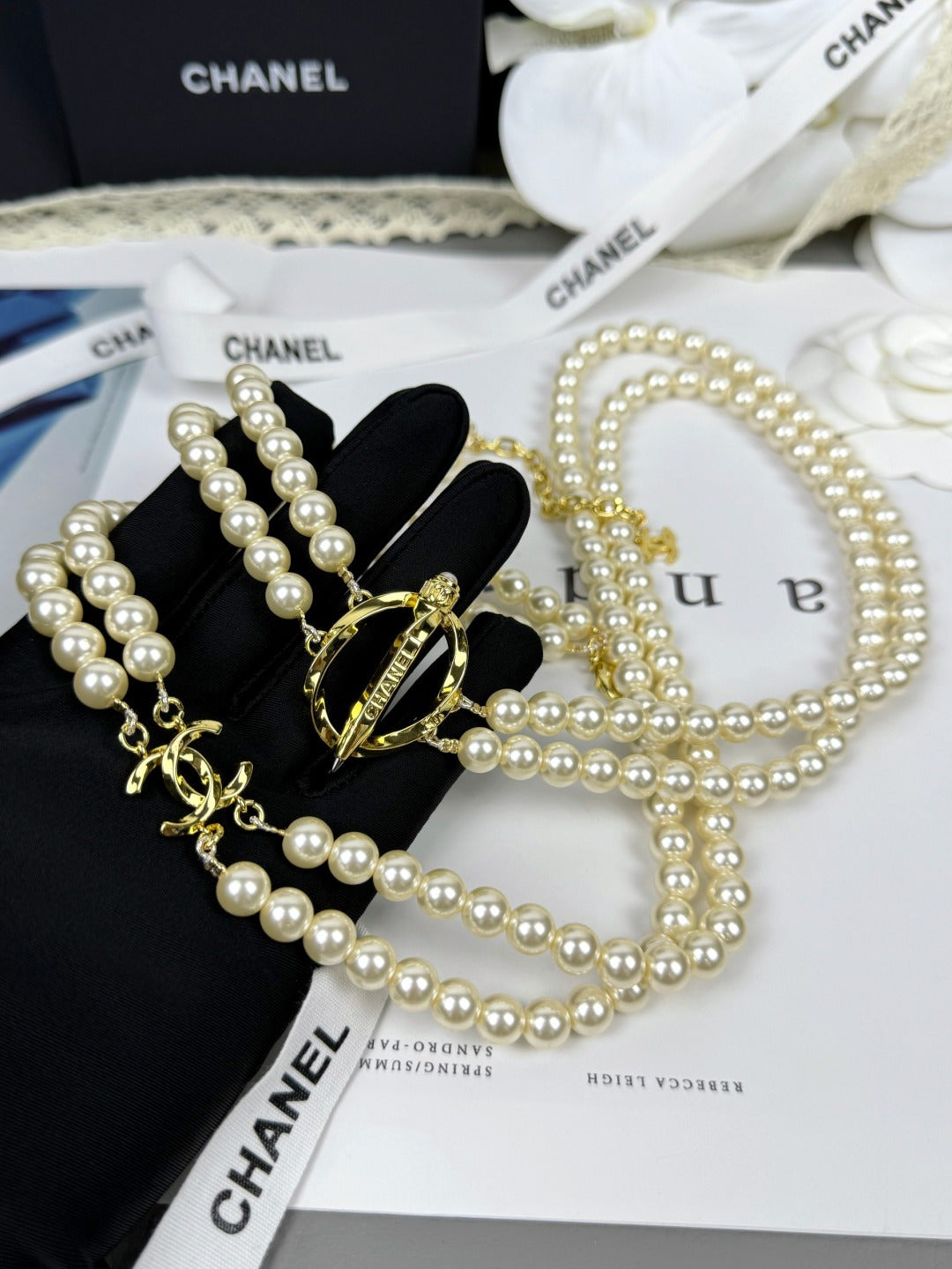 [⭐Miroze]25K Pencil Double C Double-Layer Pearl Sweater Chain