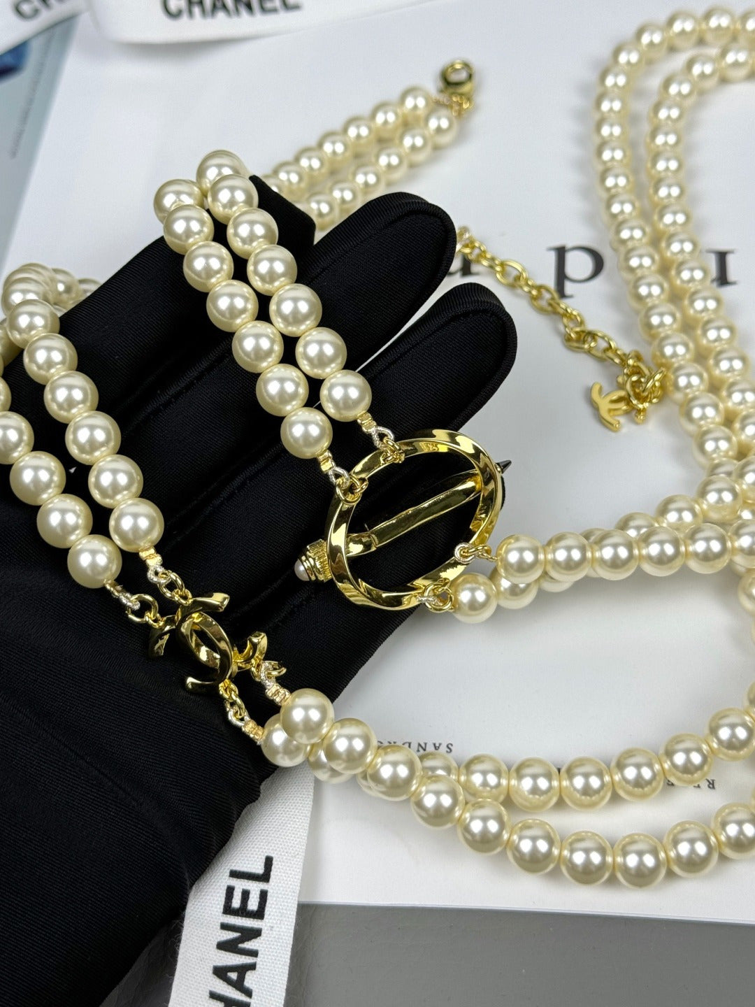 [⭐Miroze]25K Pencil Double C Double-Layer Pearl Sweater Chain