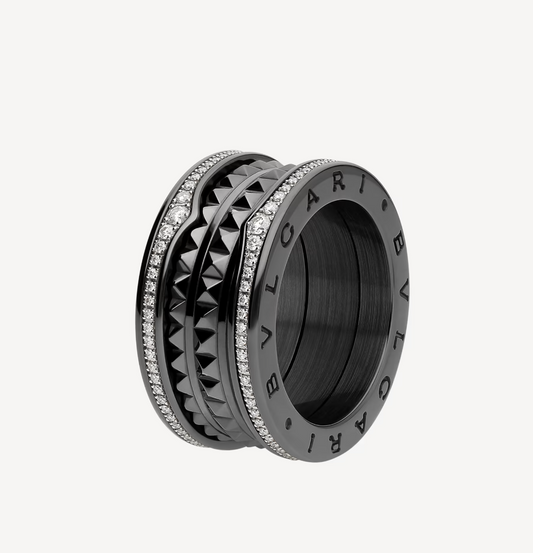[⭐Miroze]ZERO 1 ROCK FOUR-BAND BLACK CERAMIC WITH STUDDED SPIRAL AND PAVED DIAMONDS RING