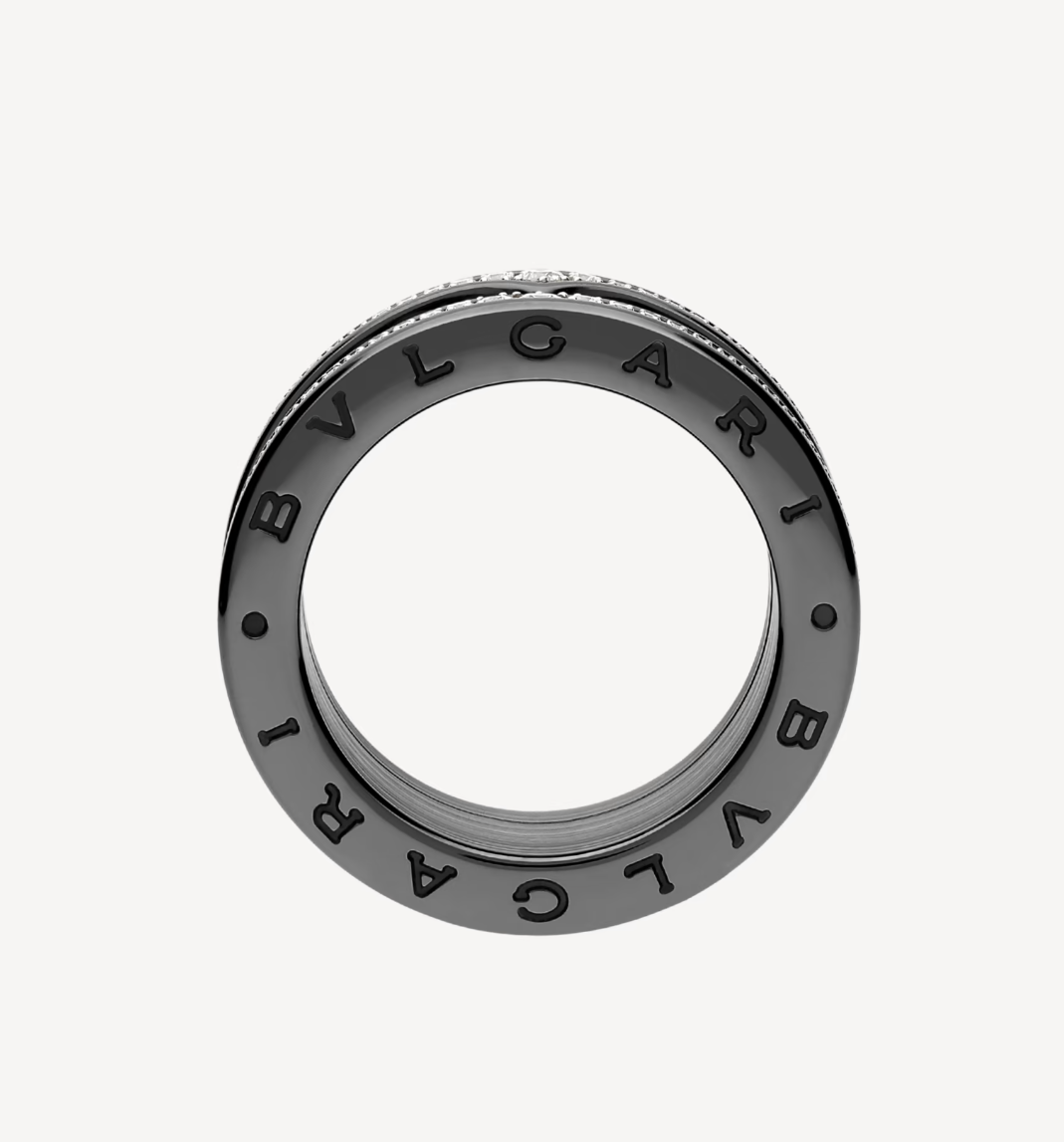 [⭐Veya]ZERO 1 ROCK FOUR-BAND BLACK CERAMIC WITH STUDDED SPIRAL AND PAVED DIAMONDS RING