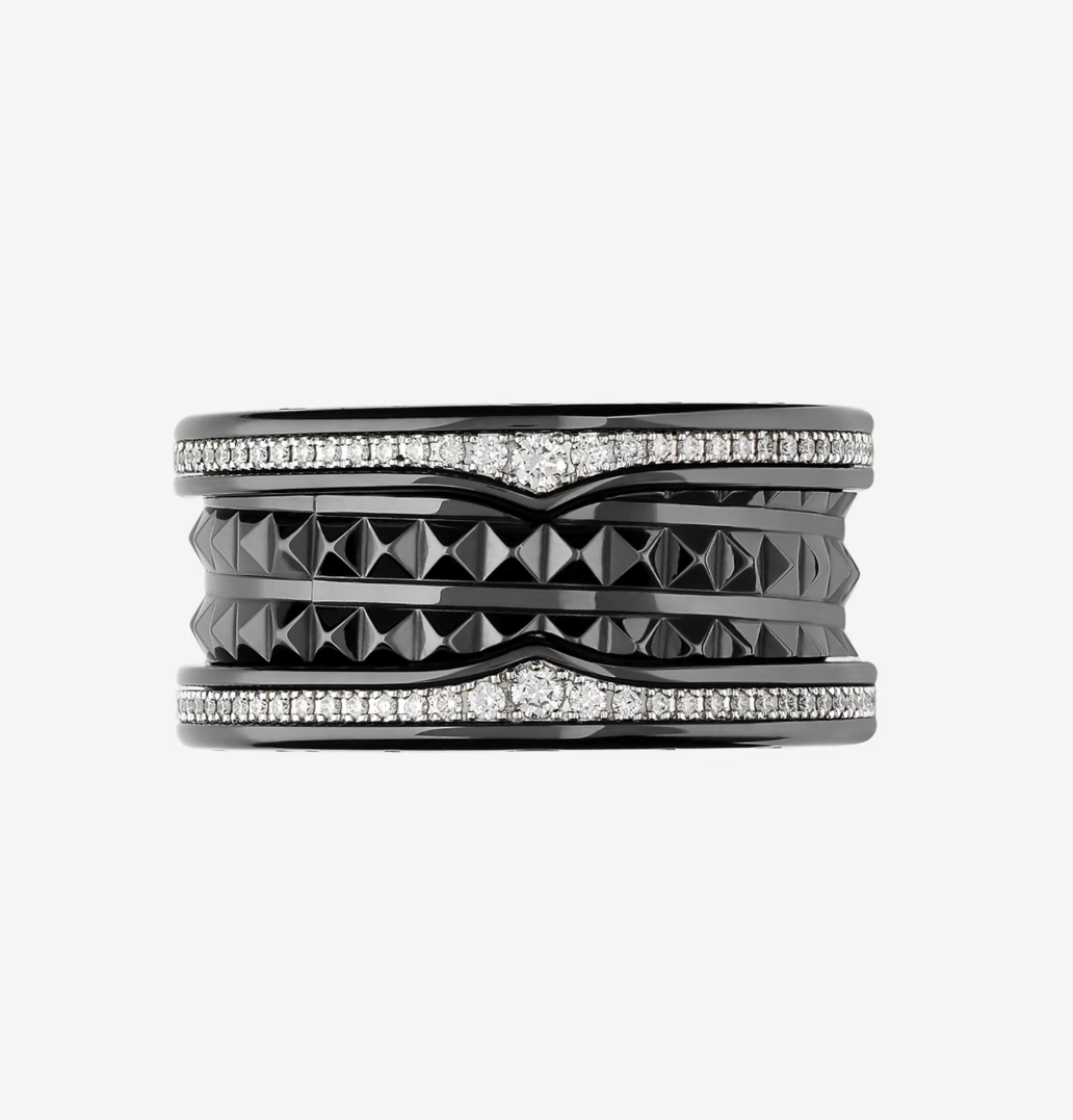 [⭐Veya]ZERO 1 ROCK FOUR-BAND BLACK CERAMIC WITH STUDDED SPIRAL AND PAVED DIAMONDS RING