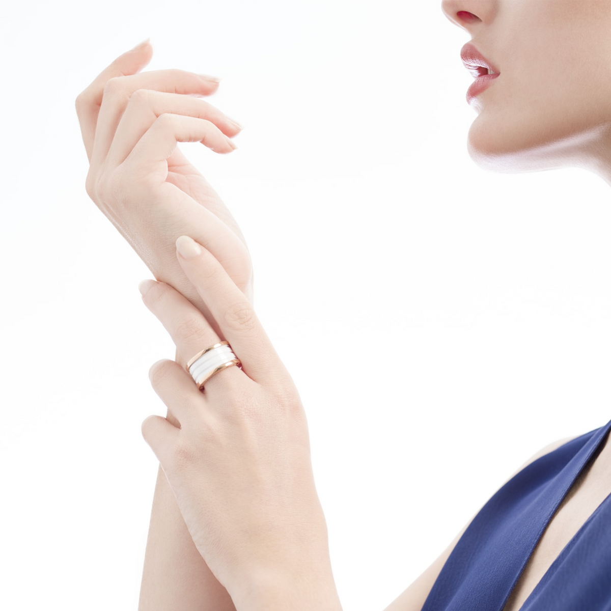 [⭐Veya]ZERO 1 FOUR-BAND LOOPS AND WHITE CERAMIC SPIRAL PINK GOLD RING