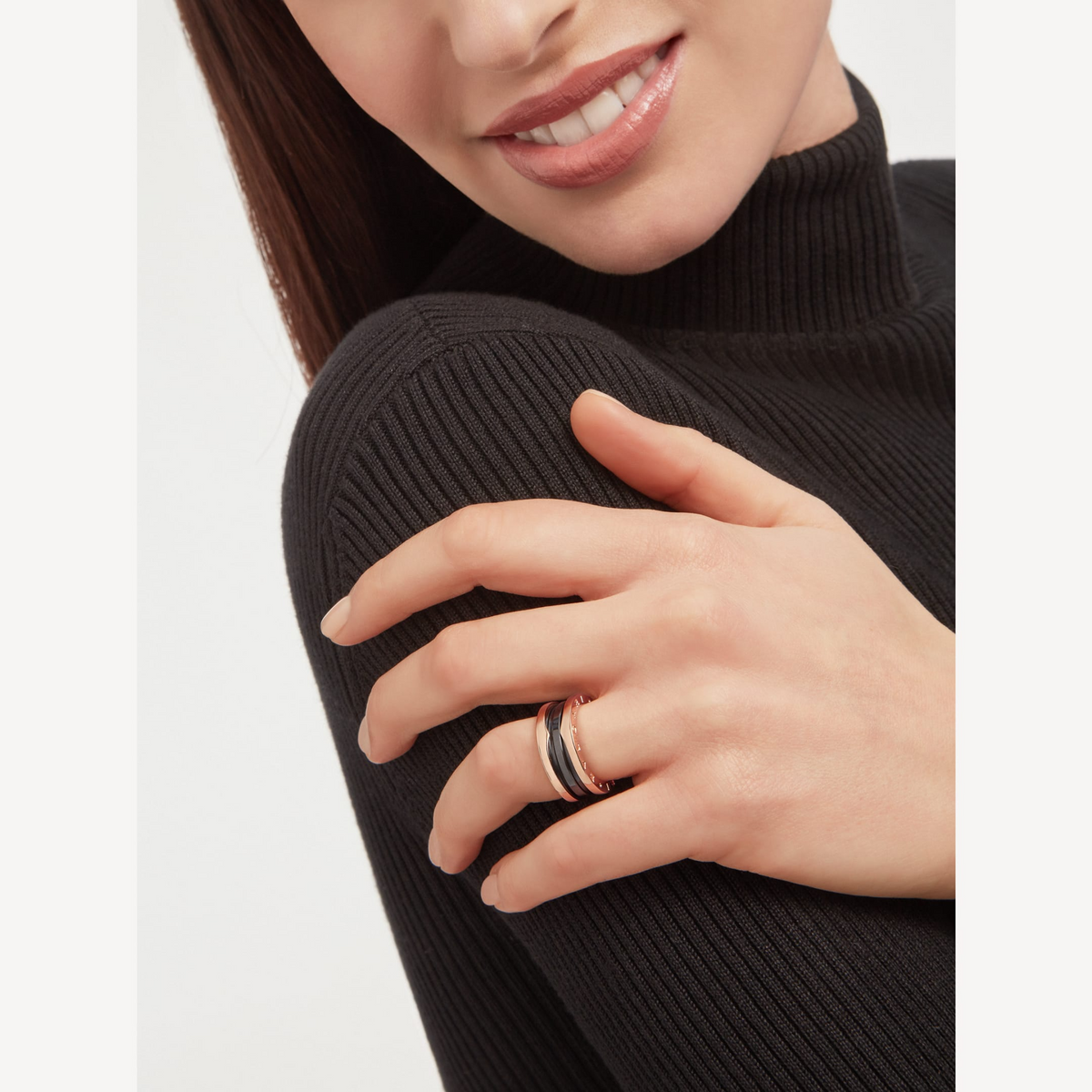 [⭐Miroze]ZERO 1 TWO-BAND LOOPS AND BLACK CERAMIC PINK GOLD RING