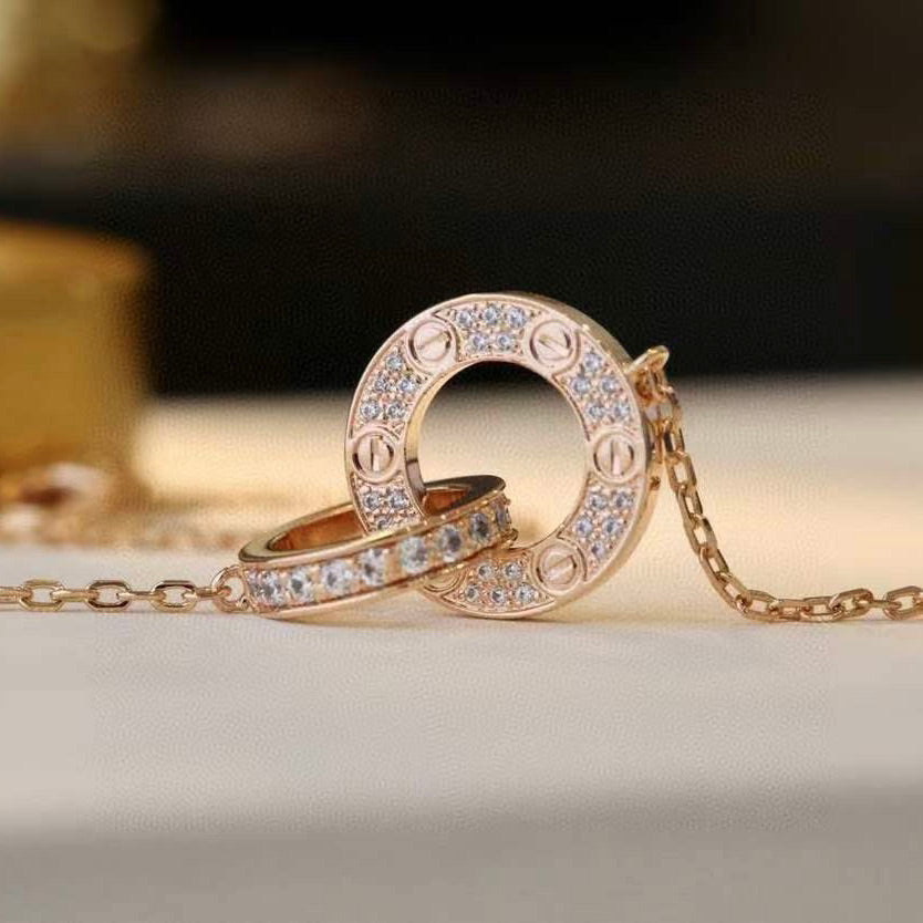 ⭐Miroze LOVE 7.6MM NECKLACE ROSE GOLD AND SILVER  FULL DIAMOND