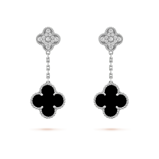 [⭐Miroze]CLOVER 2 MOTIFS  DIAMOND ONYX EARRINGS SILVER