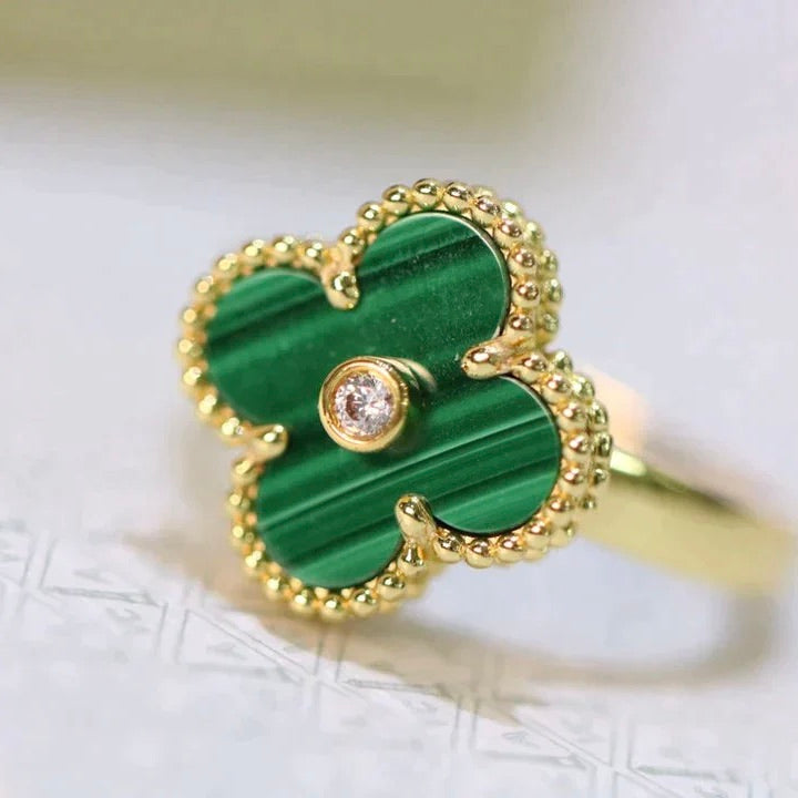 [⭐Miroze]CLOVER MALACHITE RING GOLD DIAMOND