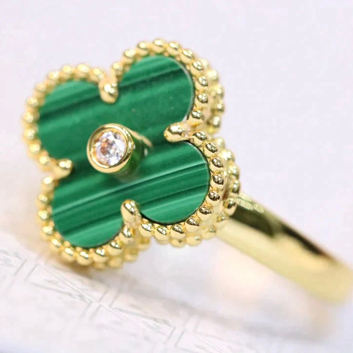 [⭐Miroze]CLOVER MALACHITE RING GOLD DIAMOND