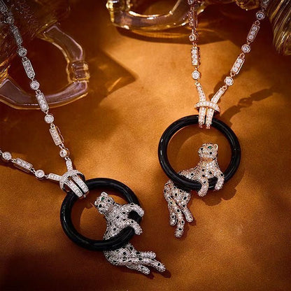 [⭐Miroze jewelrys]NEW BLACK CIRCLE PANTHER FULL DIAMOND NECKLACE