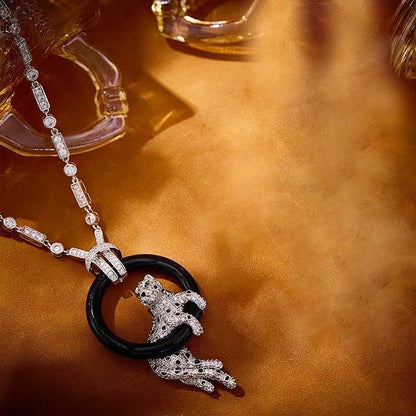 [⭐Miroze jewelrys]NEW BLACK CIRCLE PANTHER FULL DIAMOND NECKLACE