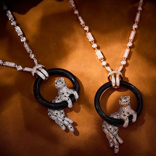[⭐Miroze jewelrys]NEW BLACK CIRCLE PANTHER FULL DIAMOND NECKLACE