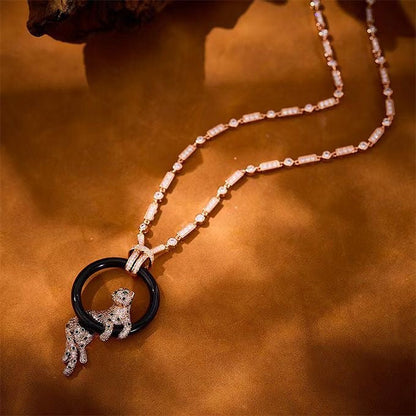 [⭐Miroze jewelrys]NEW BLACK CIRCLE PANTHER FULL DIAMOND NECKLACE