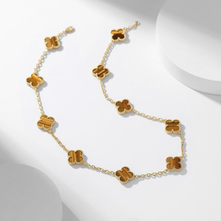 [⭐Miroze]CLOVER 10 MOTIFS TIGER EYE NECKLACE