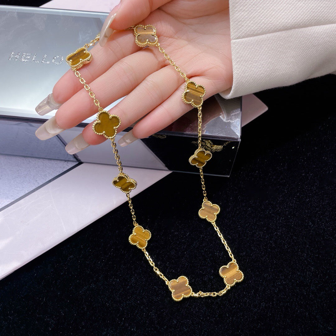 [⭐Miroze]CLOVER 10 MOTIFS TIGER EYE NECKLACE
