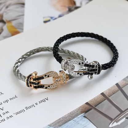 [⭐Miroze]FORCE LARGE HORSESHOE BLACK WHITE DIAMOND BRACELET SILVER