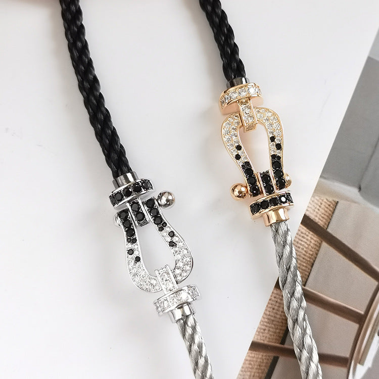 [⭐Miroze]FORCE LARGE HORSESHOE BLACK WHITE DIAMOND BRACELET SILVER