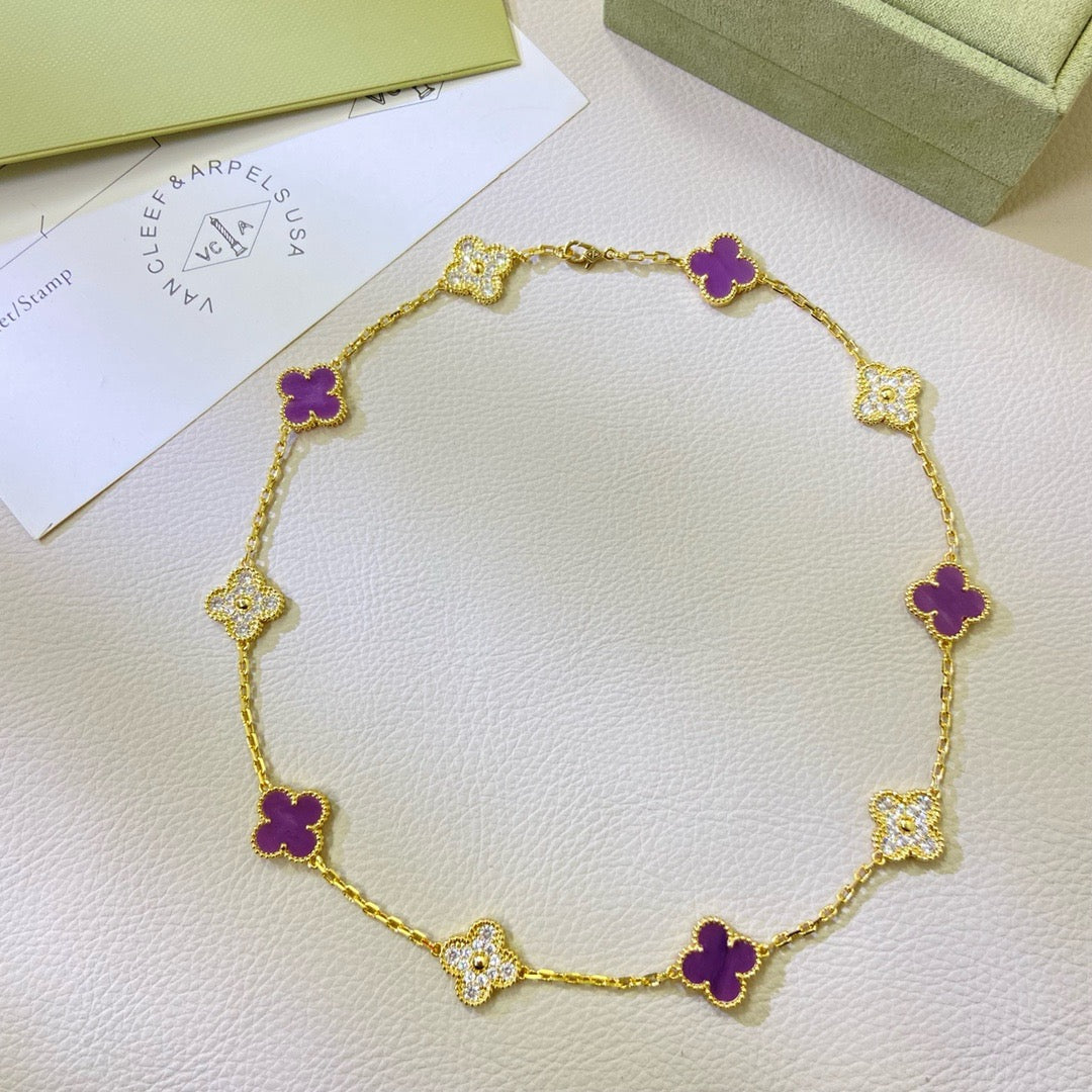 [⭐Miroze Jewelry]クローバー 10モチーフ パープルバイオレット ダイヤモンド ネックレス