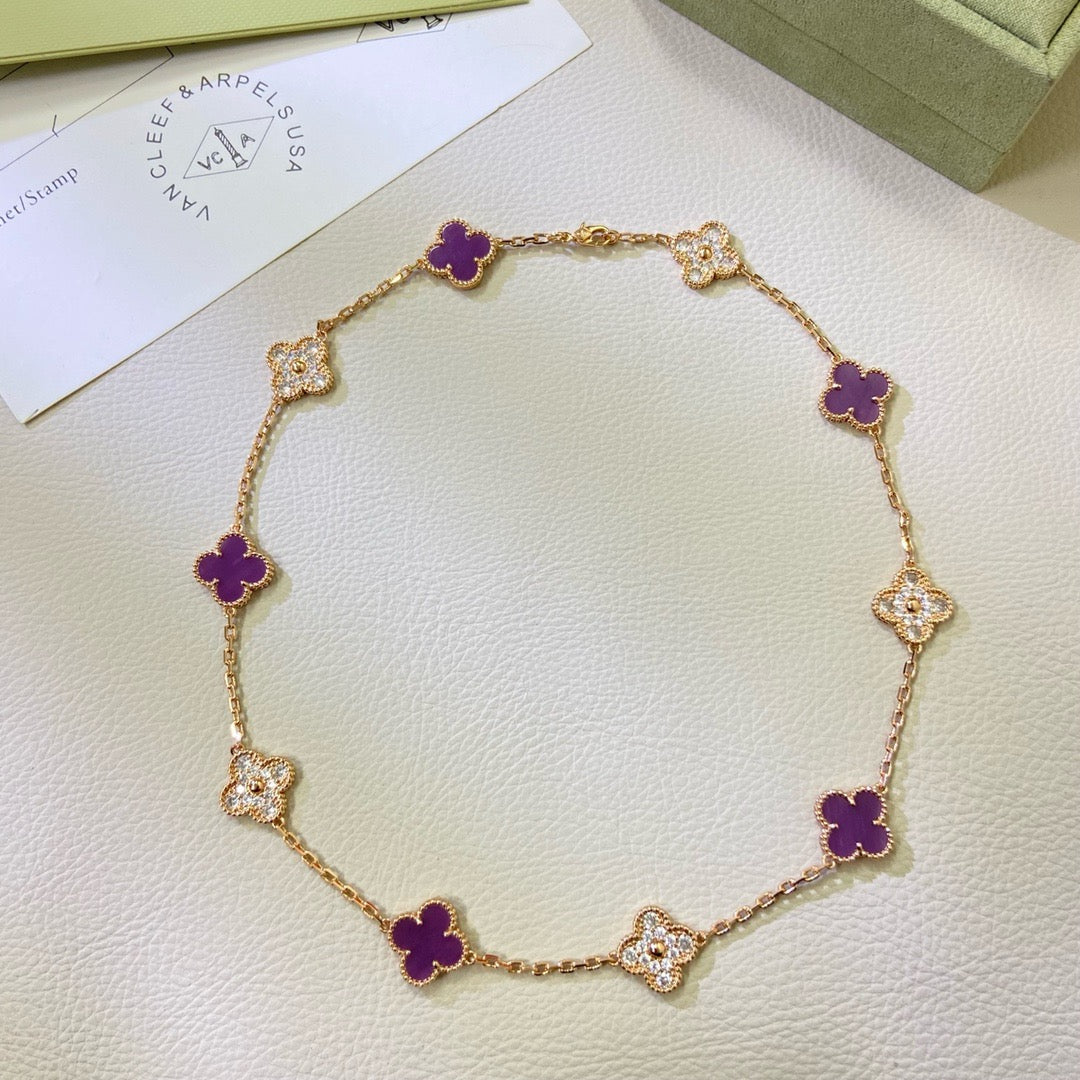 [⭐Miroze Jewelry]クローバー 10モチーフ パープルバイオレット ダイヤモンド ネックレス