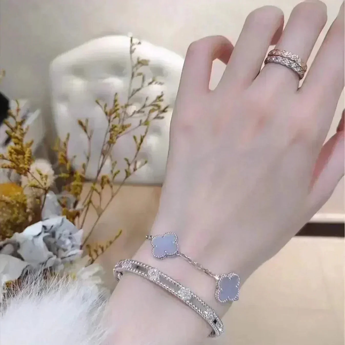 [⭐Miroze ]New  CLOVER 5 MOTIF PURPLE CHALCEDONY BRACELET COLLECTION