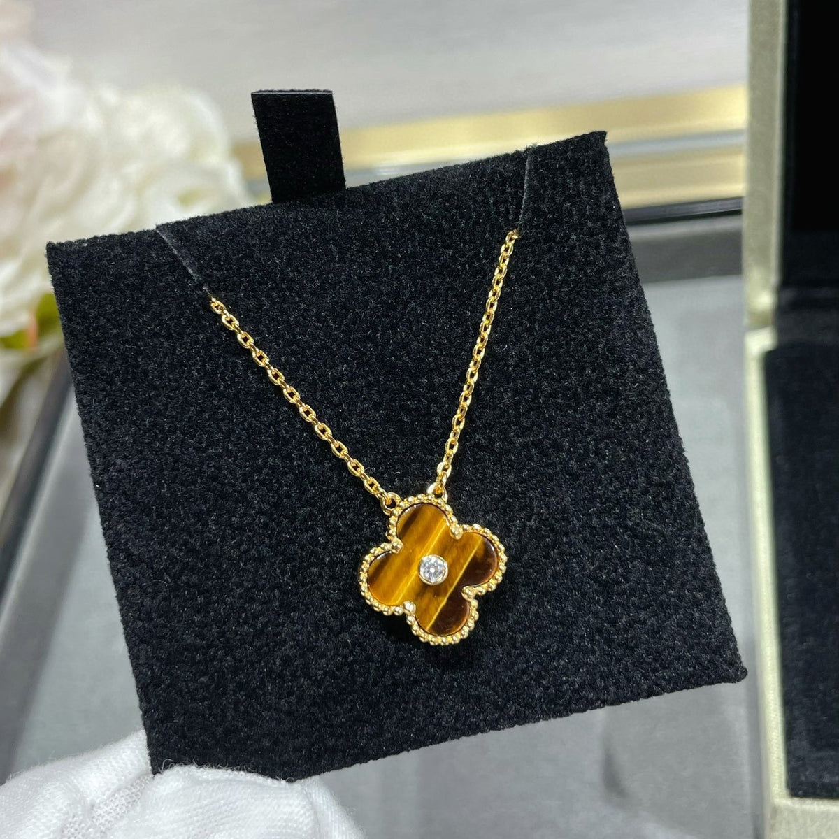 ⭐Miroze CLOVER 15MM DIAMOND AND YELLOW TIGER'S EYE AGATE necklace