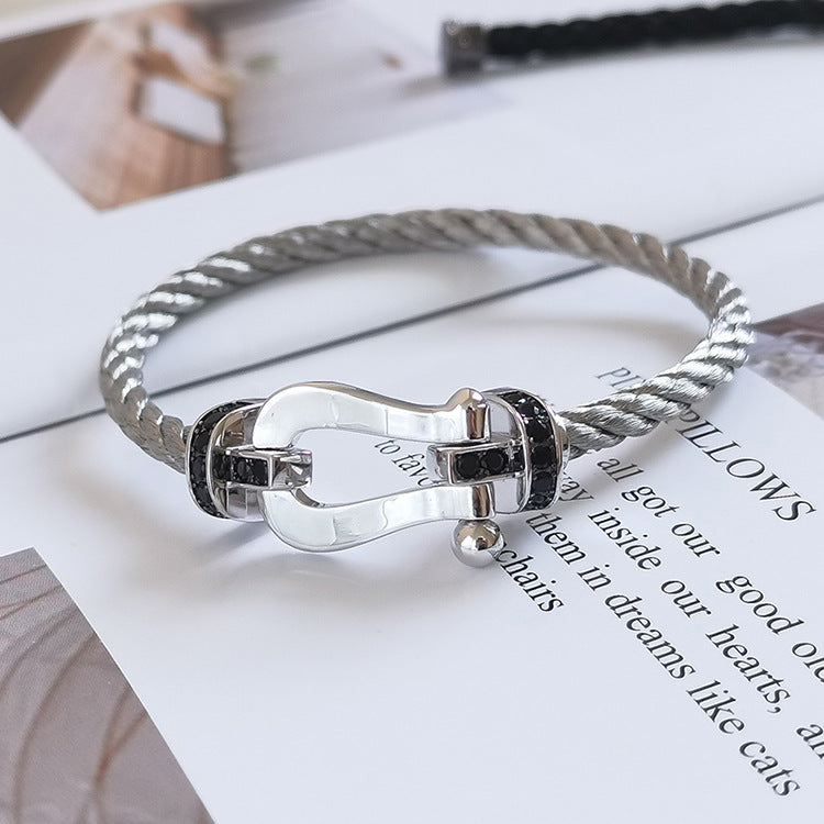 ⭐Miroze FORCE LARGE HORSESHOE BLACK DIAMOND BRACELET SILVER