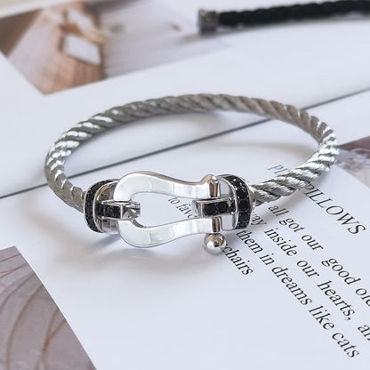 [⭐Miroze]FORCE LARGE HORSESHOE BLACK DIAMOND BRACELET SILVER