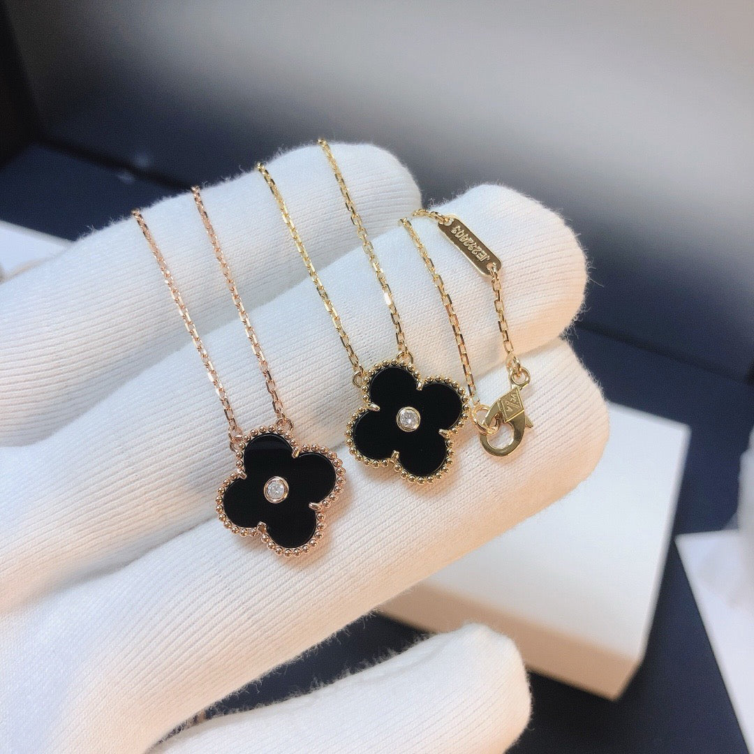 [⭐Miroze]CLOVER 15MM DIAMOND ONYX NECKLACE