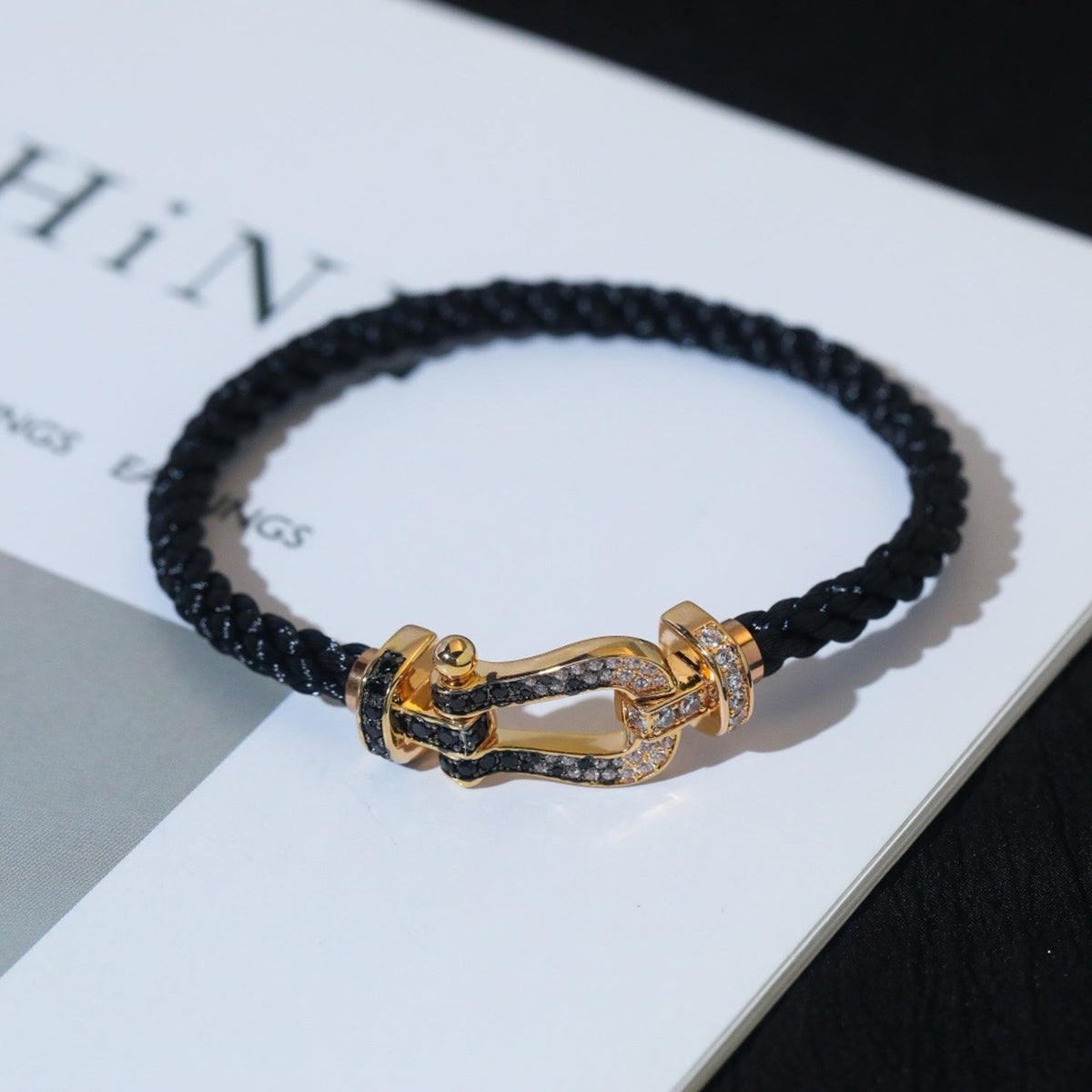 ⭐Miroze FORCE LARGE HORSESHOE BLACK WHITE DIAMOND BRACELET SILVER