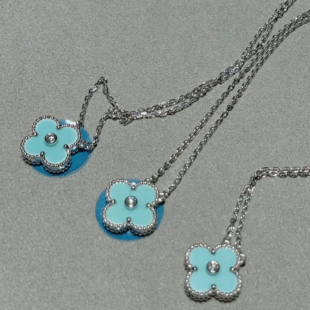 ⭐Miroze CLOVER 1 DIAMOND LIGHT BLUE SILVER NECKLACE