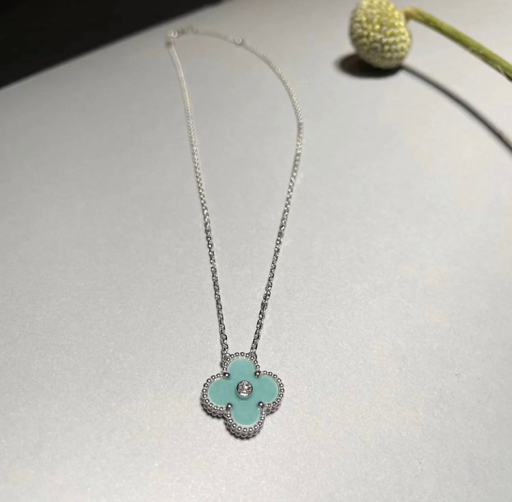 ⭐Miroze CLOVER 1 DIAMOND LIGHT BLUE SILVER NECKLACE